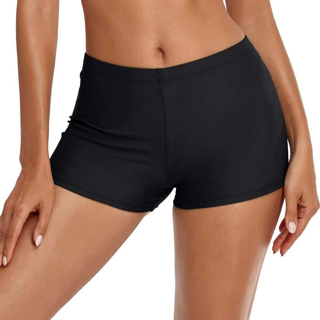 Swim Shorts for Women Stretchy Board Shorts Solid Tankini Bottoms Sport Swimsuit Bottoms (Small, Black)