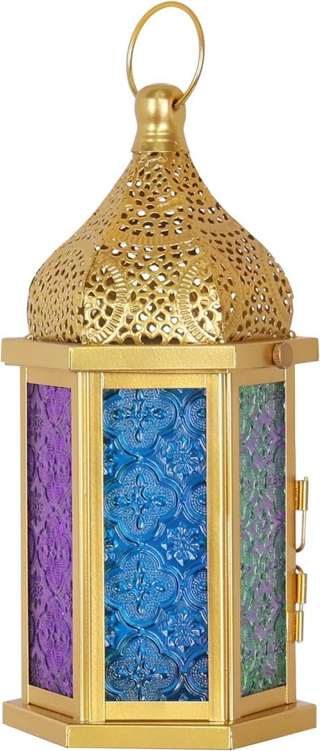 NEEDOMO Ramadan Decorations, 13" Ramadan Lantern, Vintage Gold Metal Candle Lanterns with Glass, Ramadan Decor for Table, Wall, Porch, Eid Haning Decor Decorative Indoor Outdoor
