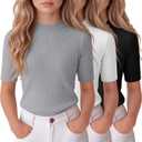 3 Pack Girl's Shirts Half Sleeve Slim Fit Ribbed Tops Kids School Uniform Mock Turtleneck Tees 5-16 Years