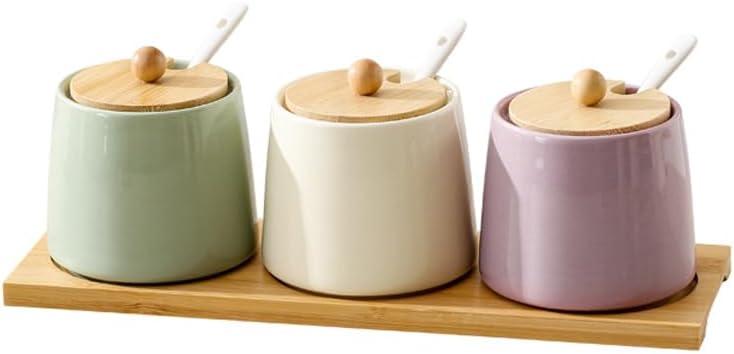 Kitchen ceramic sugar pot, pepper pot, salt pot with lid spoon, creative home chicken essence seasoning box, seasoning jar, seasoning box 3, bamboo tray, 8 ounces for sugar bowl, pepper, spice.