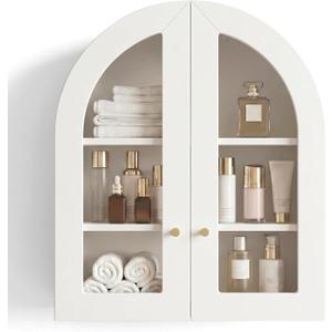 Arched Wall Cabinet, Bathroom Cabinet Wall Mount with Glass Doors & Adjustable Shelf, Floating Medicine Cabinet for Bathroom, Kitchen, Living Room Storage, White, 23.6 x 27.5 x 8.46 in