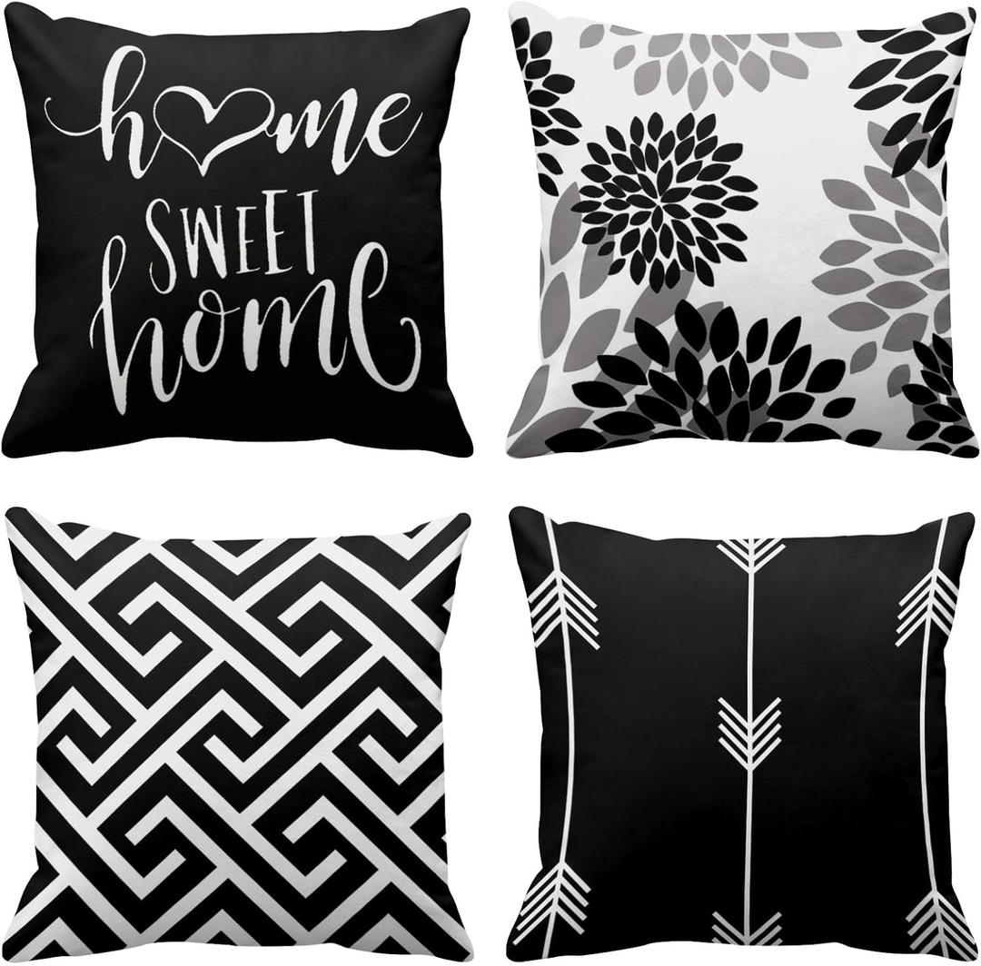 Emvency Set of 4 Throw Pillow Covers Modern Abstract Geometry Black White and Grey Words Sweet Floral Arrow Decorative Pillow Cases Home Decor Standard Square 18x18 Inches Pillowcases