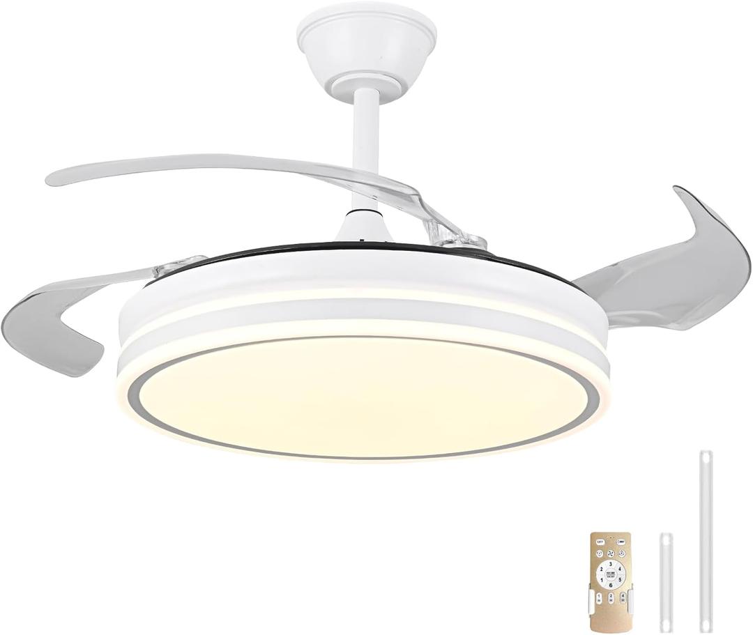 Retractable Ceiling Fan with Lights, 42 Inch Ceiling Fans with Light and Remote Control for Bedroom Living Room Dining Room Kitchen Modern Ceiling Fan with LED Lights (White)