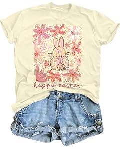 Happy Easter Shirts for Women Floral Rabbit Bunny Shirt Easter Short Sleeve Tee Tops Apricot L