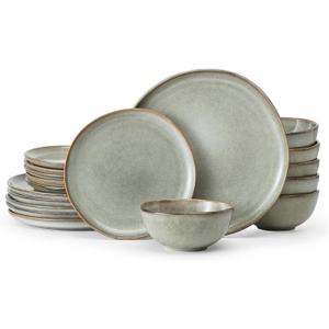 KINGSTONE Stoneware Dinnerware Sets, 18-Piece Reactive Glaze Porcelain Plates and Bowls Sets for 6, Handcrafted Rustic Ceramic Dishes Set, Highly Scratch Resistant, Dishwasher & Microwave Safe, Grey