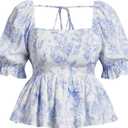 MakeMeChic Women's Plus Size Floral Square Neck Tie Backless Blouse Puff Sleeve Ruffle Hem Shirred Top (X-Large Plus, Blue and White)
