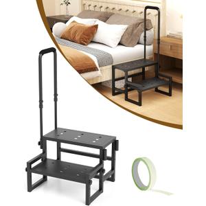 Heavy Duty 2 Step Stool for Adults, Step Stool with Handle for Elderly, Bed Steps with Adjustable Handrail for high beds for Adults, Step Stool for Bedside, Kitchen, Car, Bathtub Hold up to 400LBS