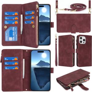 SailorTech for iPhone 16 Pro Max with Wallet Phone Case, Design for iPhone 16 Pro Max Card Holder Zipper Cash Slot Lanyard Flip Leather Cover-Red
