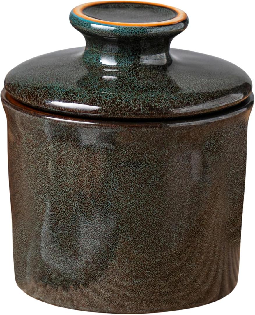 Pottery Butter Crock with Lid, Ceramic Butter Dish with Water Line, Countertop Butter Keeper, Butter Holder for Countertop, Greenish Brown