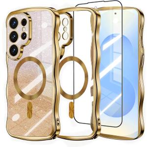 Glitter for Galaxy S26 Ultra Case with Camera Lens Protector,[Screen Protector] Bling Sparkle Protective Magnetic Phone Case for Women Shiny Gradient Cover for Galaxy S26 Ultra Gold