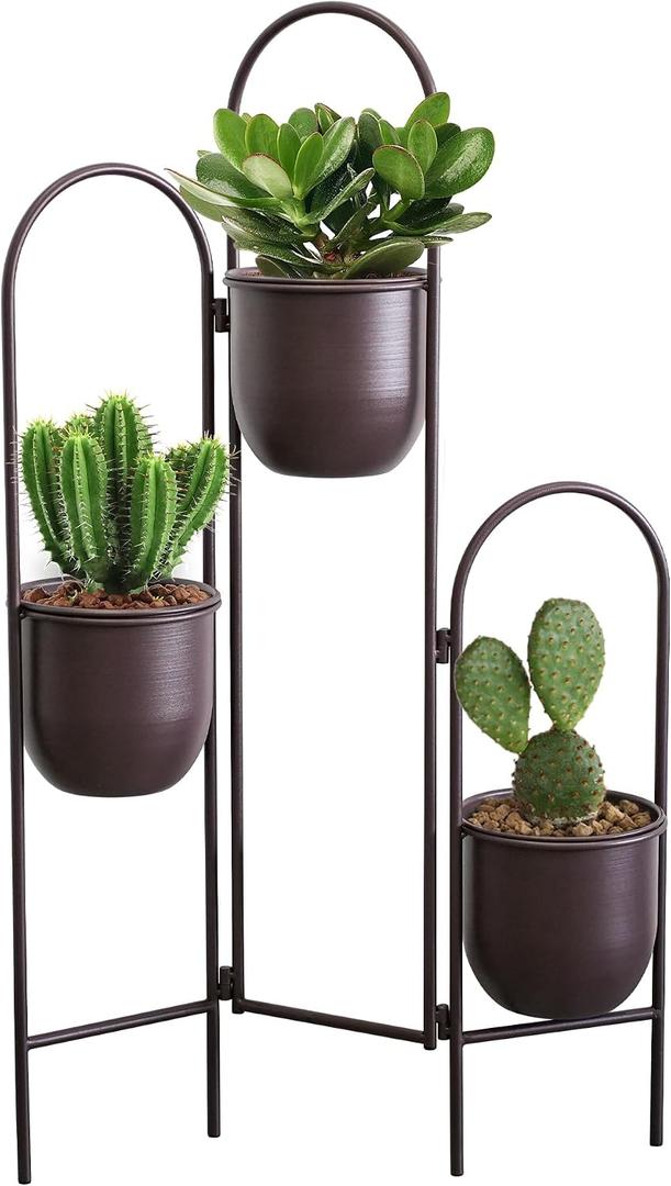 TRIROCKS 3 Tier Plant Stand with 3 Removable Metal Pots Indoor Outdoor Corner Plant Rack, 35" H Space Saving Flower Pot Holder for Living Room, Balcony, Patio & Garden(Brown)