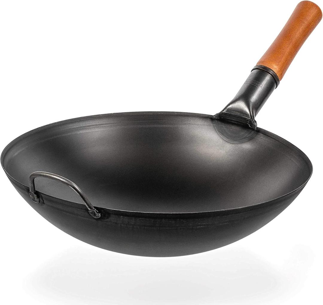 YOSUKATA Carbon Steel Woks and Stir Fry Pans 14 in with Round Bottom - Traditional Chinese Japanese Pow Wok - Black Steel Pan