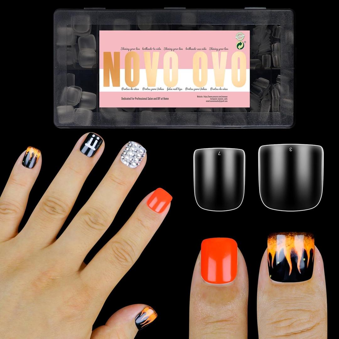 NOVO OVO Extra Short Nail Tips for Men and Women with Wide and Short Nail Beds, Thick Square Round Full Cover False Nails Press on, Soft Gel for Acrylic Fake Nails Extension kit 16 Sizes x 640pcs
