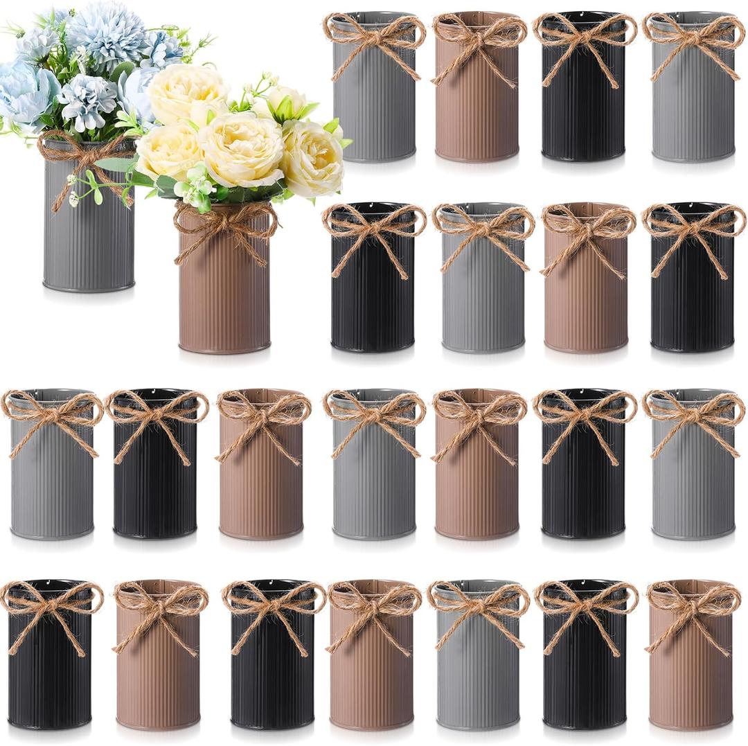 Rustic Vase for Table Centerpieces 4.33 Inch Small Petite Flower Vase with Twine Bow Vintage Farmhouse Decor for Wedding Reception Dining, Home Galvanized Metal Buckets(Black, Brown, Gray,24 Pcs)