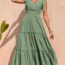 PRETTYGARDEN Women's Cross Neck Spring Sleeveless Tiered Maxi Dress Beach Tie Strap Smocked Long Dresses Pleated Sundress (Green, L)