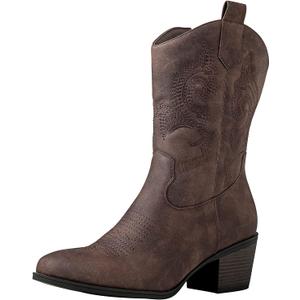GLOBALWIN Women's Mid Calf The Western Cowgirl Boots Fashion Cowboy Boots For Women Chunky Low Heel (7, 19yy17brown)