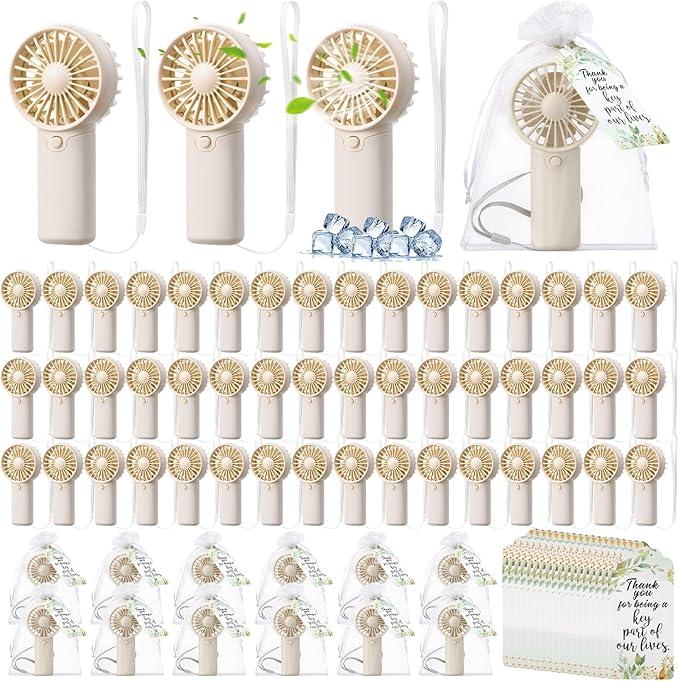 Rossesay 50 Set Wedding Mini Fans for Guests Portable Fan Handheld Bridesmaid Gifts Battery Operated Fans with Thank You Cards Organza Bags Small Summer Makeup Fan for Bridal Shower Wedding Gift