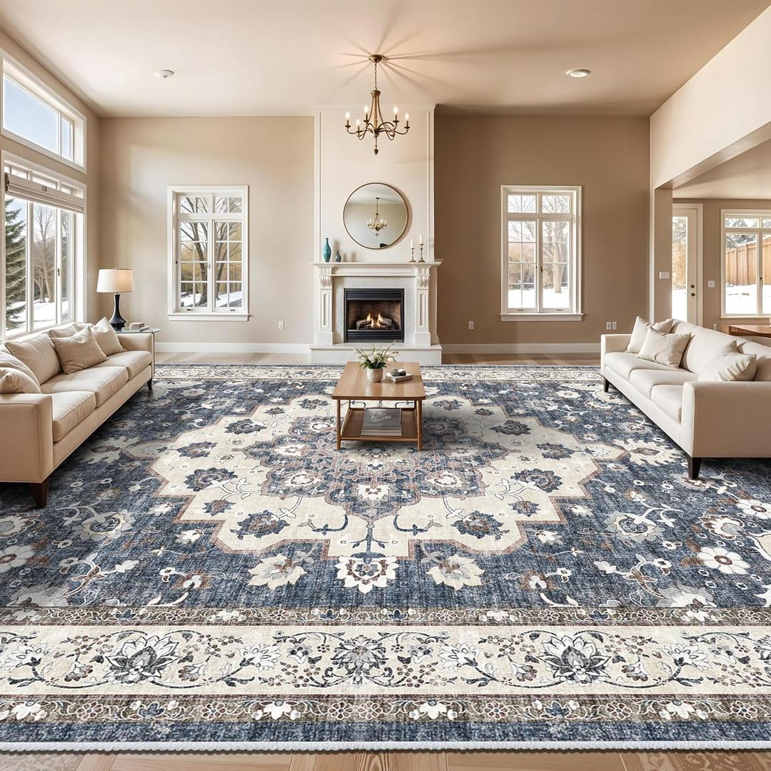 Living Room 10x14 Area Rugs - Large Washable Area Rug with Non Slip Backing Stain Resistant Carpet Vintage Distressed Rugs for Bedroom Ultra-Thin Soft Rugs Home Decor 10x14 Blue