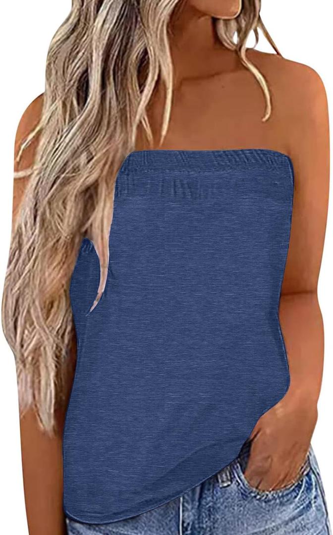 IWOLLENCE Women's Floral Tube Tops Casual Summer Backless Strapless Top Sleeveless Bandeau Tanks Shirt (Blue, M)