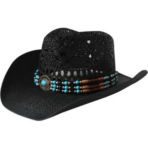 Wildarms Western Cowboy Hat for Women Men Wide Brim Woven Straw Cowboy Hat for Men Cowgirl Exquisite Decoration Band (Brown)