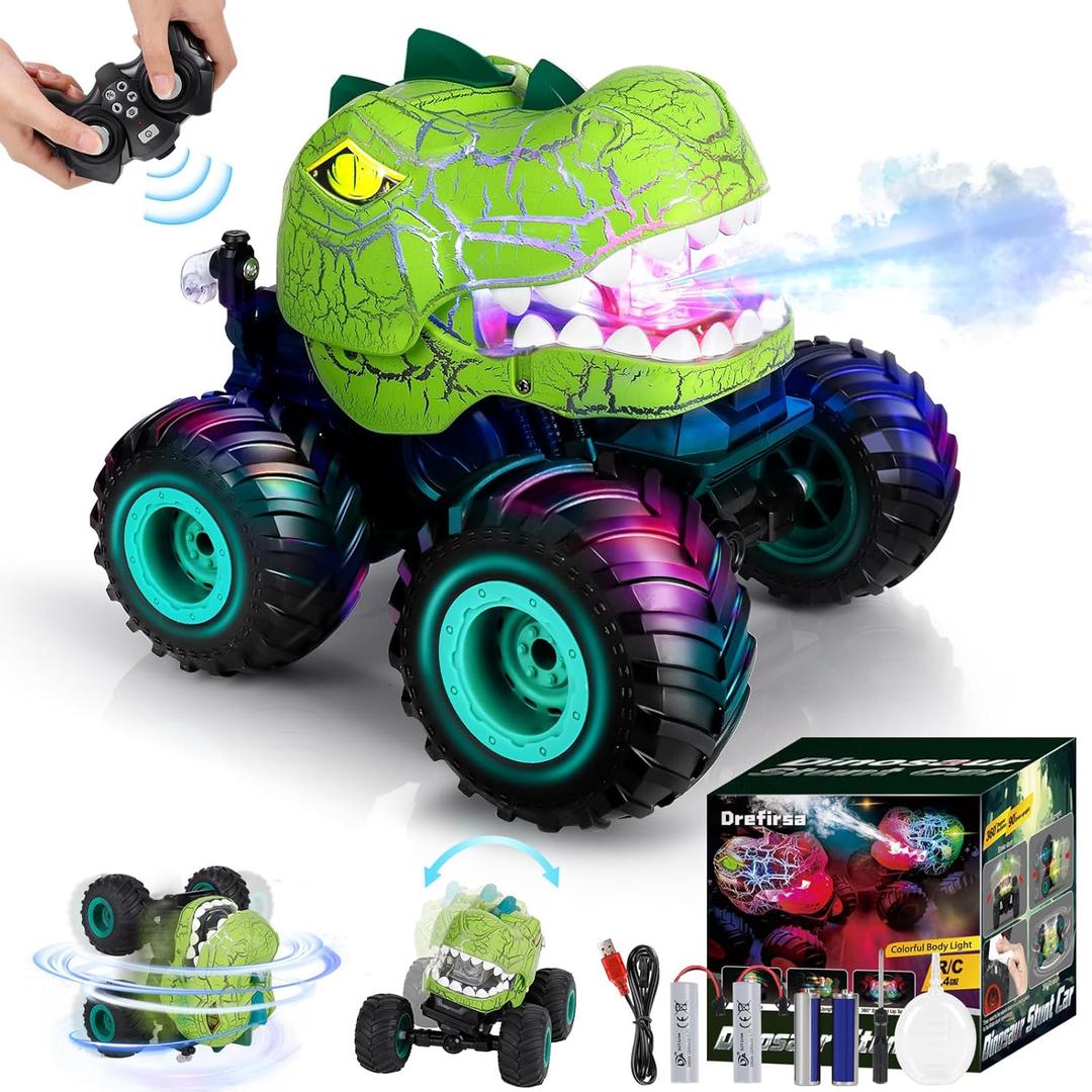 Remote Control Car for Boys Age 4-7 8-12, 50min+ Runtime Dinosaur Monster Truck Toy with Spray, Light, Music, 360 Rotating, 90 Driving, All Terrain Dinosaur Toy for Kid Birthday Gift (Green)