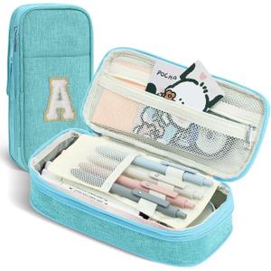 3 x Preppy Pencil Case for School Supplies, Large Initial Pencil Pouch with Zipper, Cute Pencil Bag for Office Supplies, Aesthetic Pen Case Box for Kids Teen Girls Women - A(Blue)