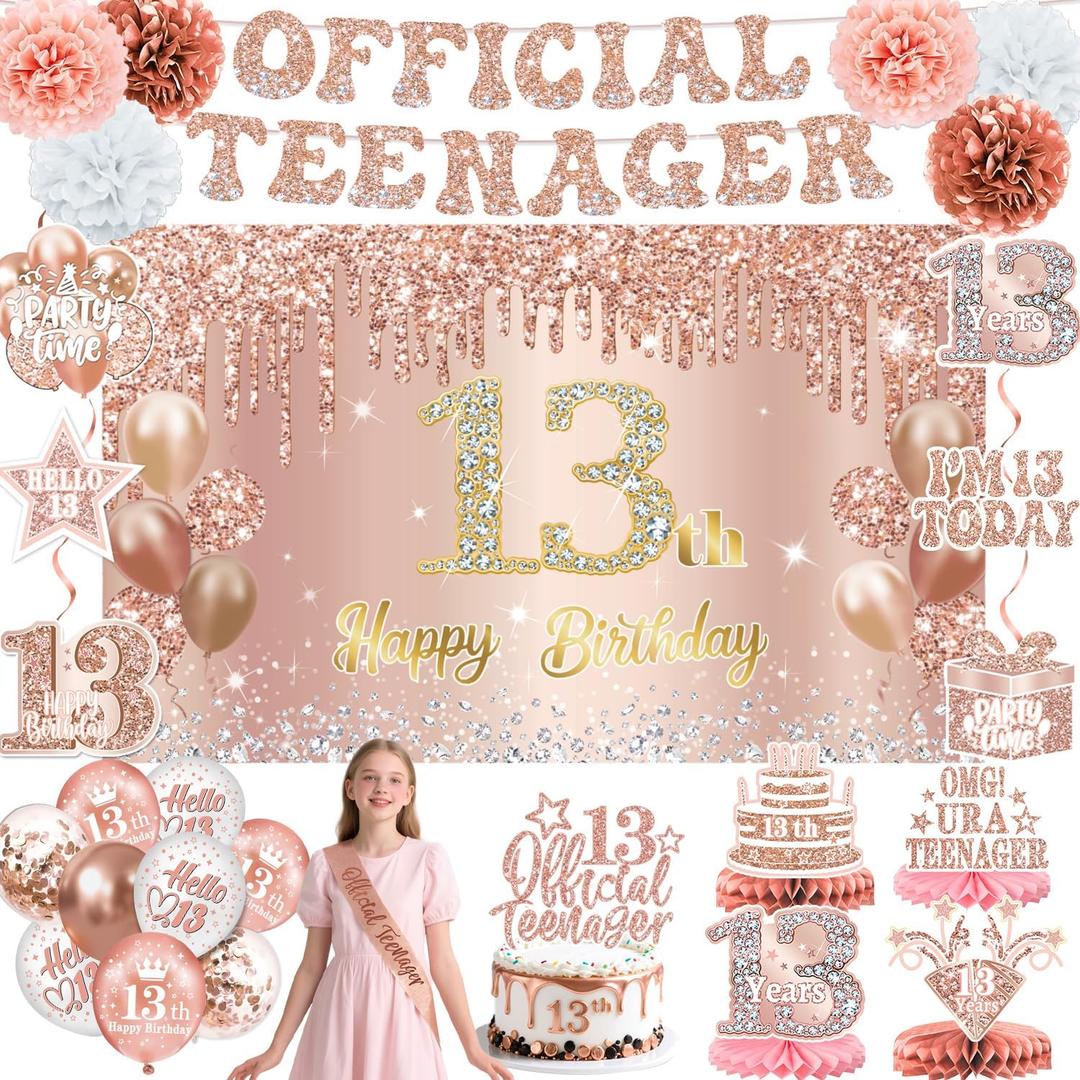 13th Birthday Decorations for Girls  53pcs Official Teenager Decorations Backdrop, Banner, Honeycomb Centerpieces, Hanging Swirls, Foil & Latex Balloon, Cake & Cupcake Toppers, Sash, Pom Poms (Rose Gold 13th)