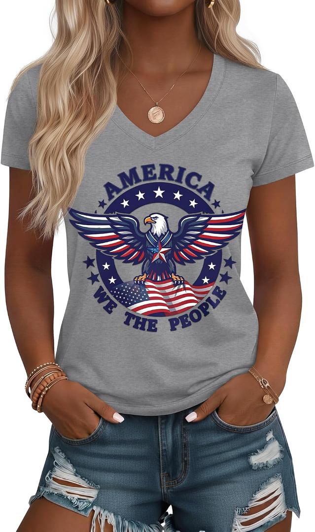 Huukeay 4th of July Shirts for Women, V-Neck Patriotic Tops Independence Day T-Shirt American Flag Graphic Tees (Gray, M)