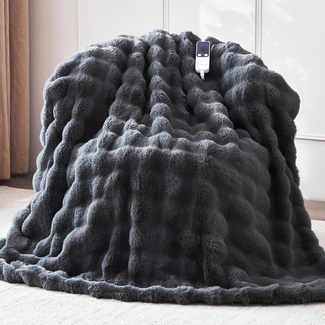 Heated Blanket Twin 62''x 84'', Fast Heating Electric Blanket Ultra-Soft Faux Rabbit Fur with 5 Heat Levels & 5H Auto Shut-Off, Overheat Protection, Machine Washable