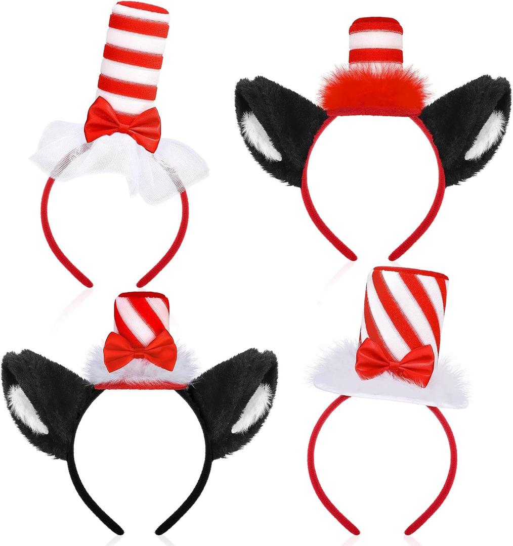 RUODON 4 Pieces Cat Ears Headband with Hat Cute Costume Ears Headband with Stovepipe Hat for Boys Girls Adults Party Favors