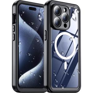 2025 New Designed for iPhone 15 Pro Max Case Waterproof, [Compatible With MagSafe][Built-in Screen & Camera Protector][Full Body Shockproof][IP68 Underwater][Dustproof][Dropproof] Phone Case 6.7" (Black/Clear-Mag)