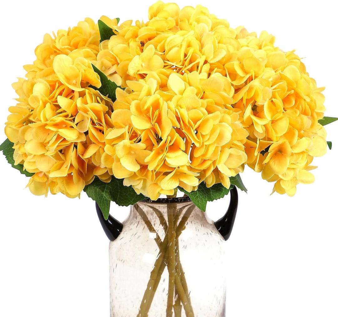 Kimura's Cabin 6pcs Artificial Flowers Silk Hydrangea Fake Flower Faux Hydrangeas with Stems for Wedding Party Baby Shower Arrangements Bouquets Home Festive Table Centerpieces Decoration (Yellow)