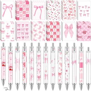 Eaasty 48 Pcs Mini Pink Bow Notebooks and Pens Set 24 Small Coquette Notepads and 24 Ballpoint Pens Preppy Bow Journal Bulk for Women Travel Office Supplies 4.7 x 3.3 Inches