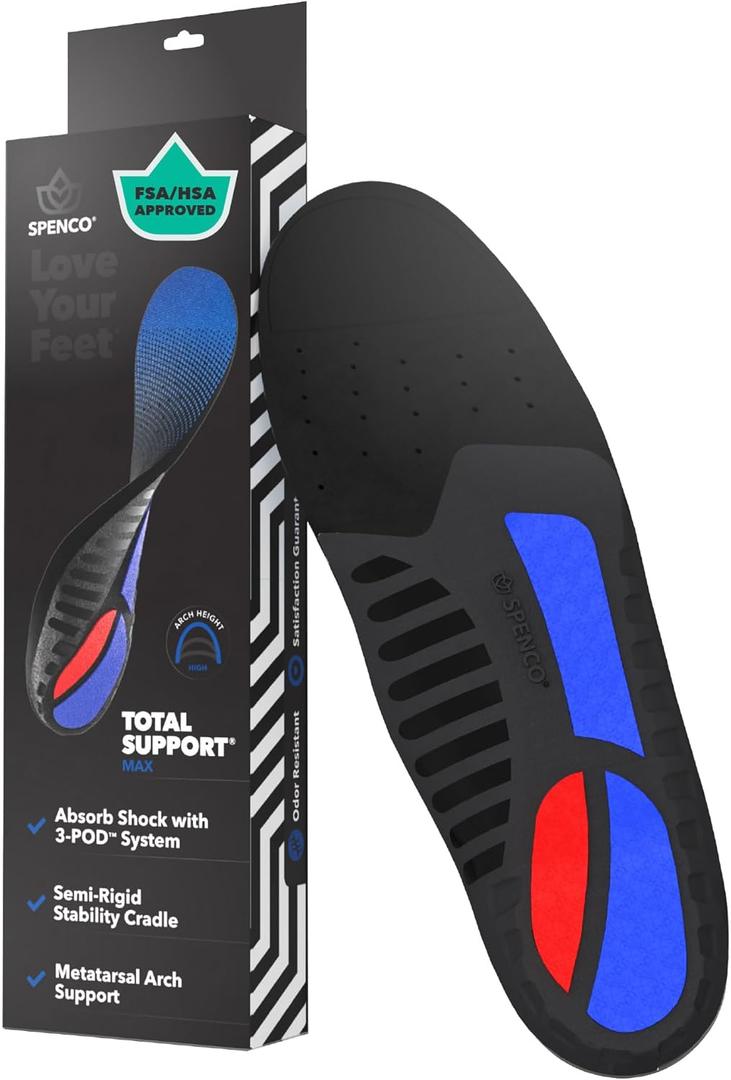 Spenco Total Support Max Shoe Insoles(FSA&HSA Eligible)Orthotic Metatarsal Arch Support Inserts, Absorbs Shock,Reduces Over-Pronation,Conforms to Foot Contours, Deep Heel Cupping Men's 12.5-13.5