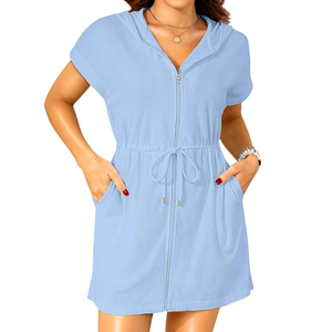 Terry Cloth Cover Ups - Hooded Cotton Swim Sun Cover-up with Zipper Pockets Beach Swimsuits Small
