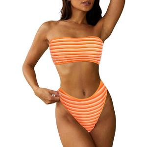 ZAFUL Women Strapless Textured Bandeau Bikini 2 Piece Swimwear Cheeky Solid Lace up Bathing Suits M