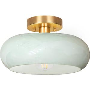 Semi Flush Mount Ceiling Light,11inch Mid Century Modern Light Fixture,Hallway Lighting Fixture with Milk Green Glass Shade,Vintage Ceiling Lamp for Kitchen,Porch,Entryway,Closet