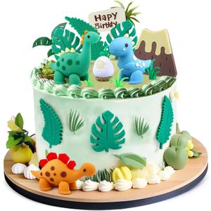 15PCS Cartoon Dinosaur Cake Toppers, Cute Dino Egg Leaves Grass Volcano Cake Decorations for Kids Birthday Baby Shower Dinosaur Animal Theme Party Supplies