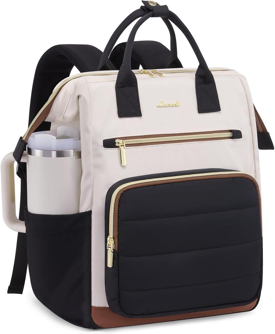 LOVEVOOK Puffer Laptop Backpack for Women, 15.6 Inch Work Backpack purse for Nurse Teacher, College Back to School Bookbag for Teen Girls, Personal Item Travel Bag Computer Daypack for Daily Commute (Black-white-brown-1)