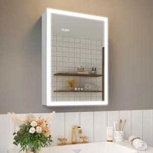 2028 Inch Bathroom Medicine Cabinet with Lights, LED Medicine Cabinet with Mirror, Lighted Bathroom Mirror Cabinet with Storage, Digital Clock & Temp Display, Surface Mount (Single Door)