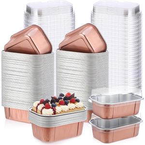 Vesici 100 Sets Mini Loaf Pans with Lids, 5.7 oz Disposable Aluminum Foil Baking Cups, Rectangle Cake Pans for Pudding Desserts Muffin Baking Storage Mother's Day Birthday Party(Champagne)