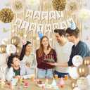 White and Gold Birthday Decorations for Women Girls, Gold White Sand Confetti Metallic Printed Balloon Butterfly Sticker Fringe Curtain Happy Birthday Banner Heart Garland Paper Pompom Party Supplies