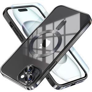 Misea Magnetic for iPhone 15 Plus Case Compatible with MagSafe [Never Yellowing] [Military Grade Drop Protection] Full Camera Lens Protector Plating Soft Clear Phone Case for Women, Black