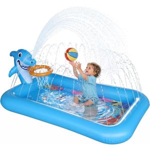 Splash Pad with Basketball Hoop - Shark Inflatable Kiddie Pool for Babies Toddlers, Sprinkler Play Mat for Kids, Outdoor Water Toys for Garden & Backyard, 70.9" x 44.1" x 27.6"