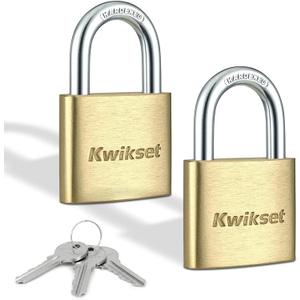 Kwikset Brass Padlock with Hardened Steel Shackle, Indoor Outdoor Cabinet and Storage Lock, 1-9/16 in Body, 7/8 in Shackle, 2 Pack Keyed Alike, Brass