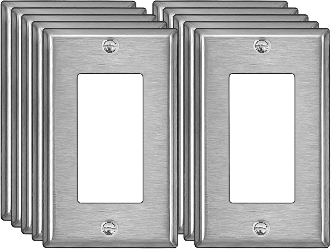 BESTTEN 10 Pack Decorator Metal Wall Plate with Protective Film, 1 Gang Decor Stainless Steel Outlet Cover, Switch Plate, Durable Corrosion Resistant, H4.53 x W2.76, Brushed Finish, Silver