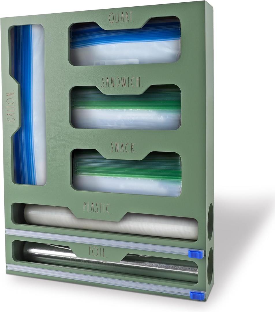 Rae Dunn Bamboo Bag Organizer for Kitchen Drawer - Durable Wood Organizer for Kitchen Storage - Holds Gallon, Quart, Snack, Sandwich Size Baggies, Plastic Wrap and Foil (Sage)