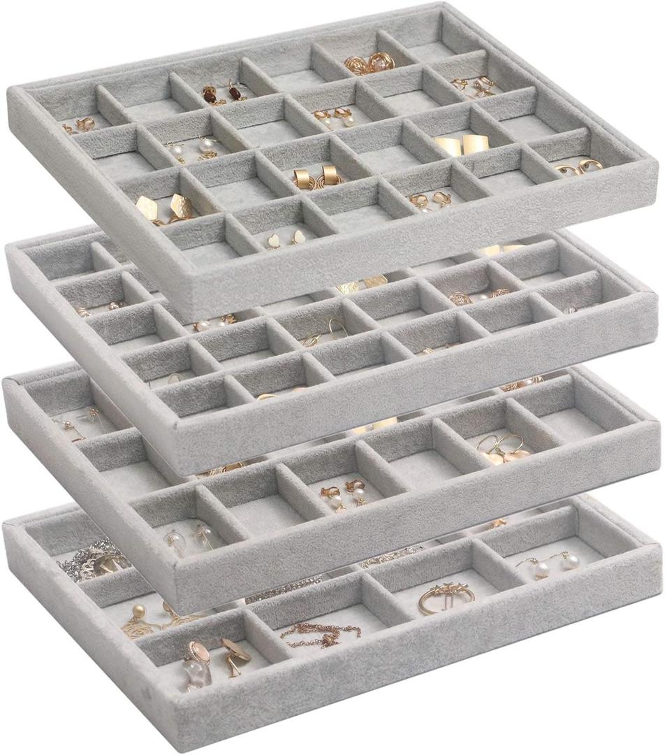 DIOMMELL Set of 4 Stackable Velvet Jewelry Trays Organizer, Jewelry Display Storage Box Showcase Holder Dresser Drawer Organizer for Earring Necklace Bracelet Ring Accessary, Grey