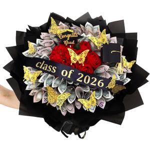 176 Pcs Graduation Money Flower Bouquet Kit Gifts Class of 2026 Money Bouquet Making Kit Gift Ideas with Black Flower Wrapping Paper Butterflies Graduation Cap for College Middle High School