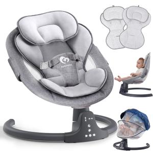 Bluetooth Baby Swing for Infants, Compact & Portable Baby Rocker, 3 Seat Positions, 5 Swing Speed, 10 Lullabies, Remote Control, USB Plug-in Power, Reversible Cushion for All Seasons (Dark grey)